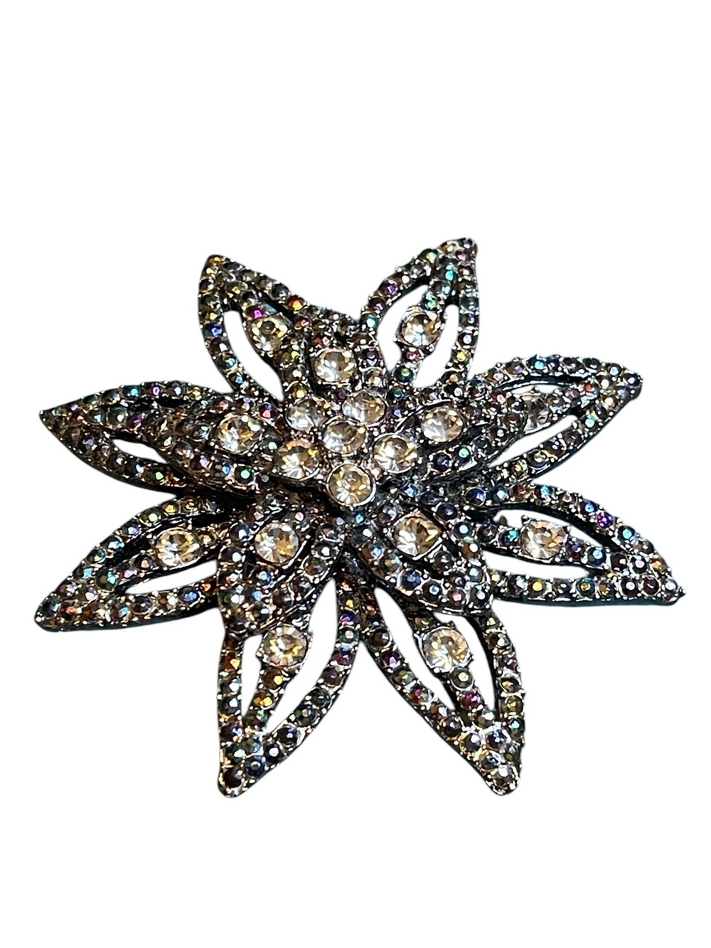 Vintage Multi-Tiered Gunmetal Oil Slick Rhinestone Flower Brooch